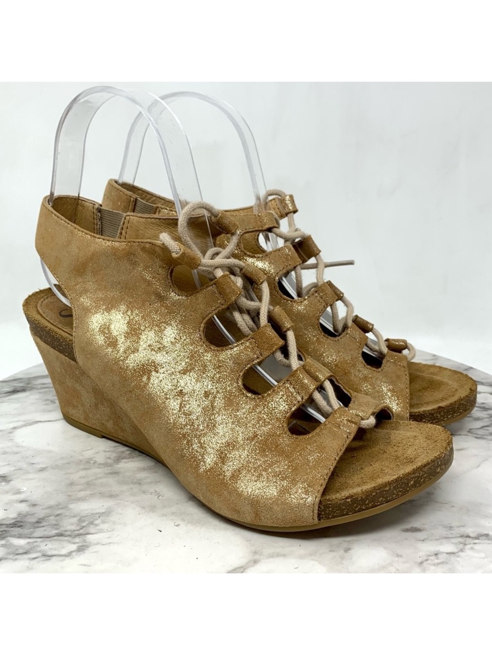 Sofft Maize Ghillie Lace Brown/Gold Metallic Nubuck Comfort Wedge Sandals 8 Boho